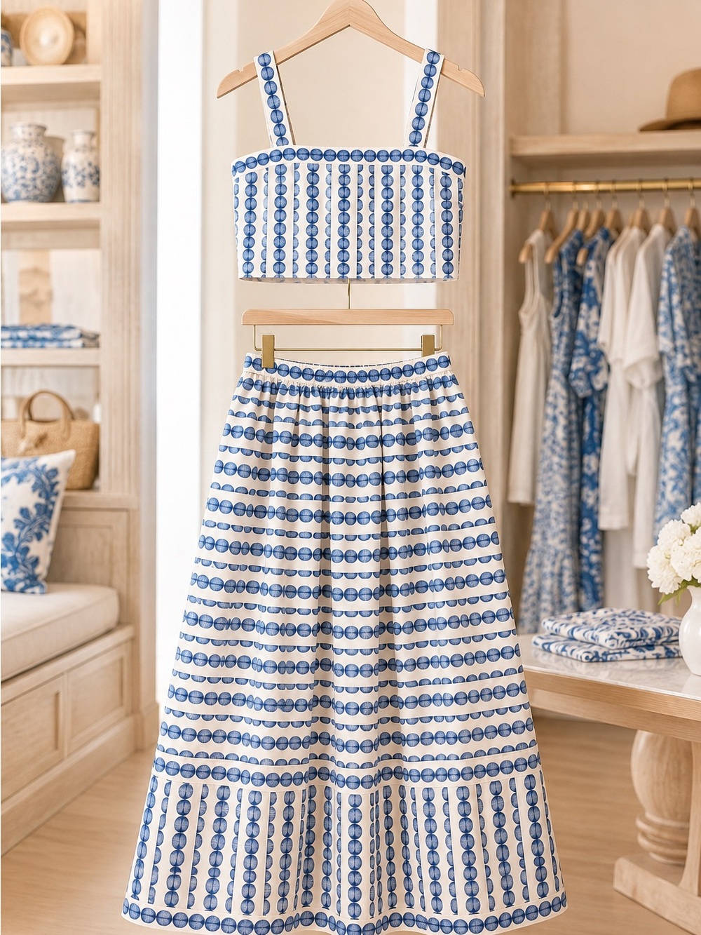French Connection structured taffata Blue White Two-Piece skirt crop top SET New